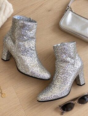 IMPO Silver Glitter Sparkly Textured Ankle Boots Block Heel Size 9